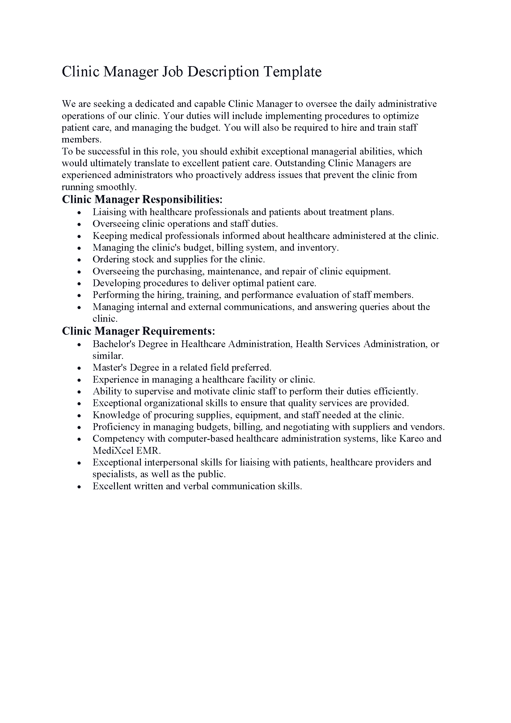 Clinic Manager Job Description Template